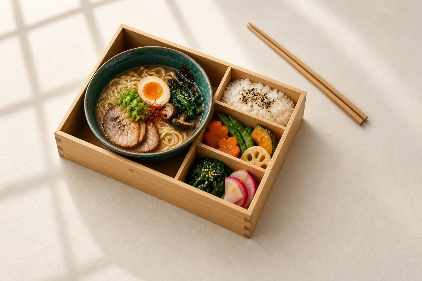 Una bandeja bento de bambú con ramen y cerámica verde, sobre papel iluminado suavemente.