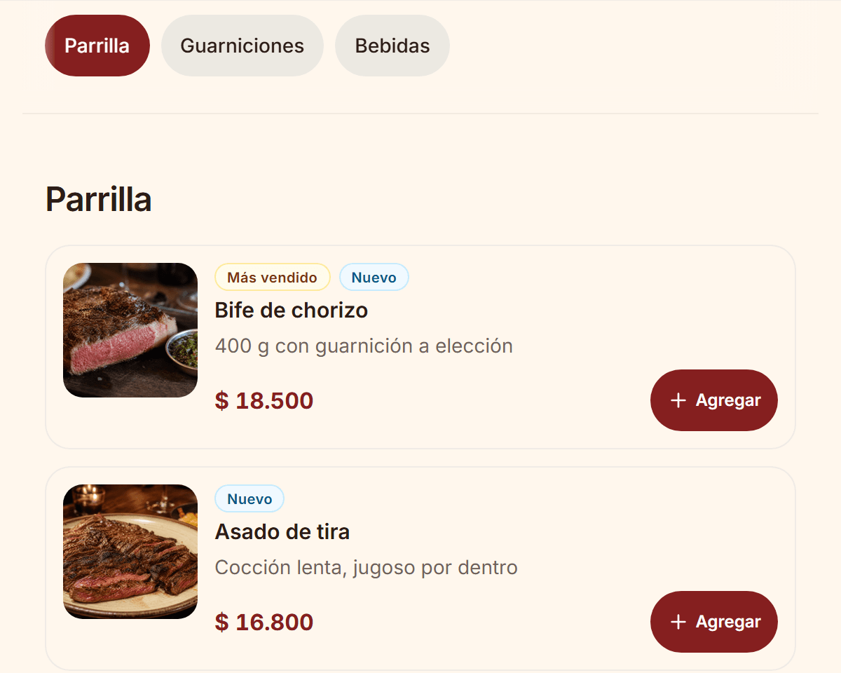 Menú de la demo de Bentoo con productos, fotos, precios y botones para agregar al pedido.