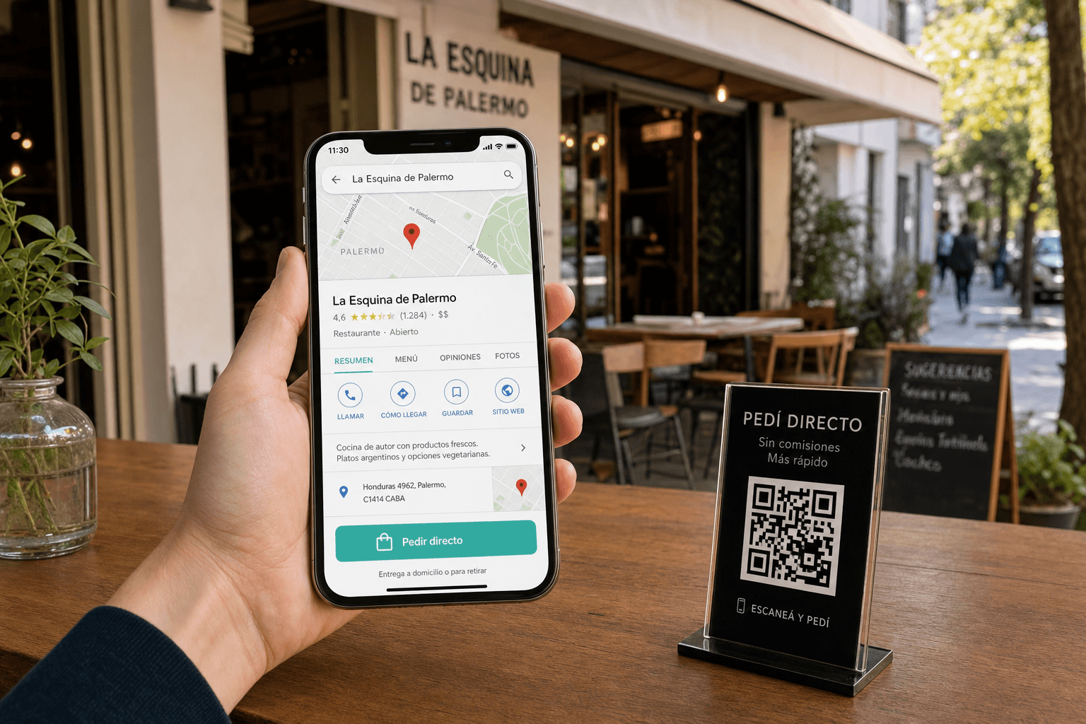 Teléfono con Google Maps y código QR conectando la búsqueda local con el pedido directo