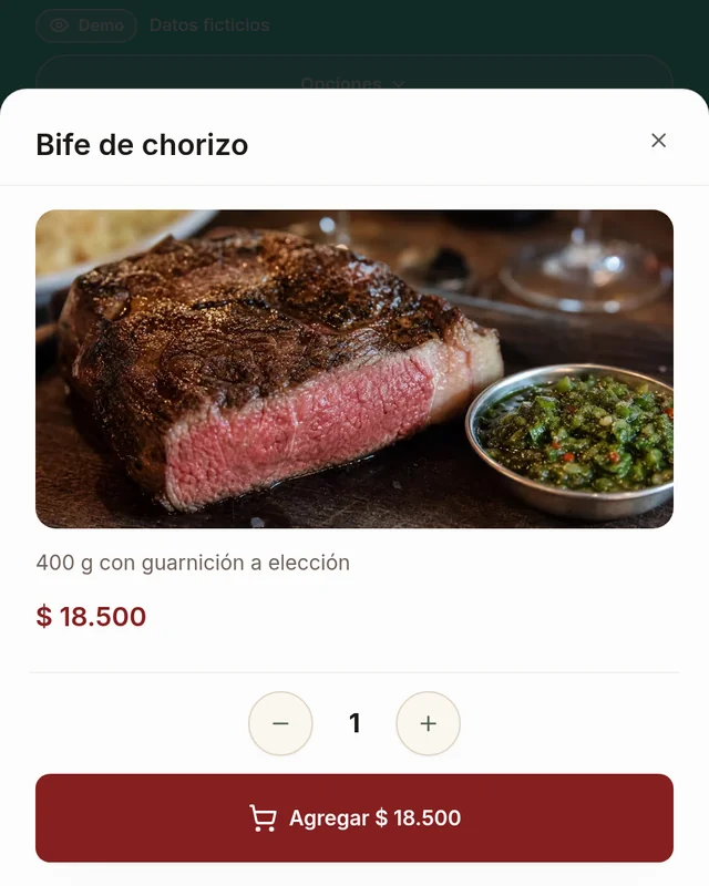 Ficha del bife de chorizo en la carta demo, con foto, descripción y precio.