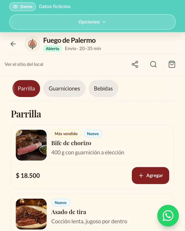 Carta de la demo Fuego de Palermo en el celular, con el bife de chorizo a $18.500.